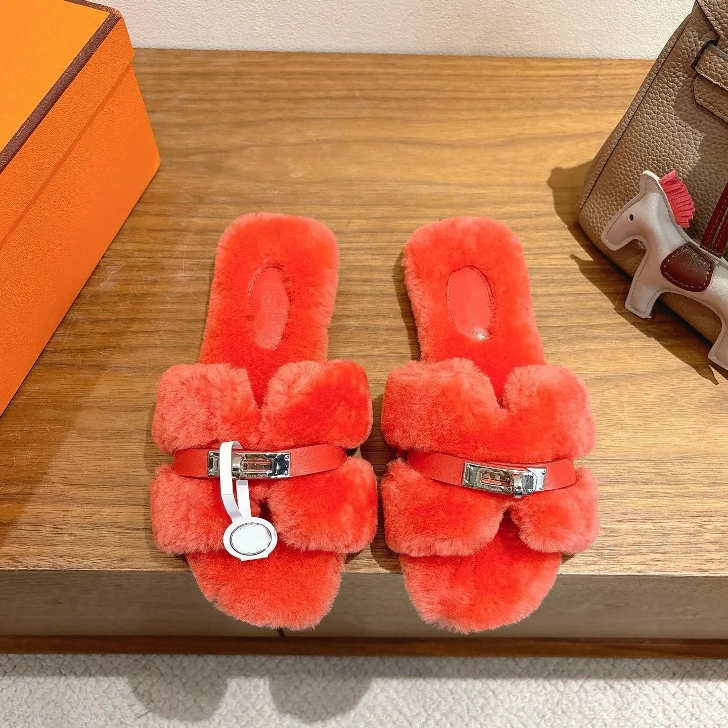Hermès-Inspired Faux Fur Slide Sandals Beige Slippers - 11