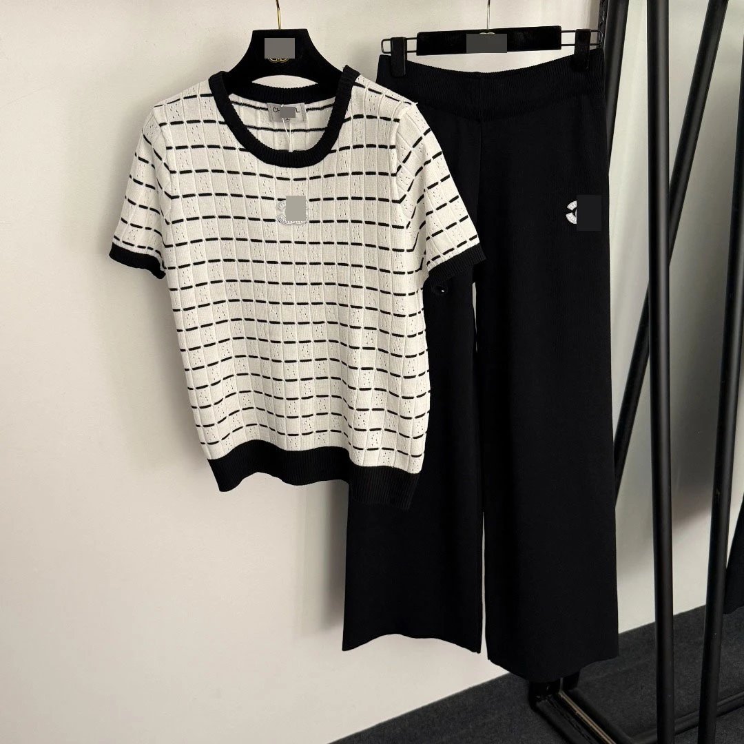 Chanel Knit Top and Wide-Leg Pants Set Beige with Red Grid Pattern Clothing Set - 5