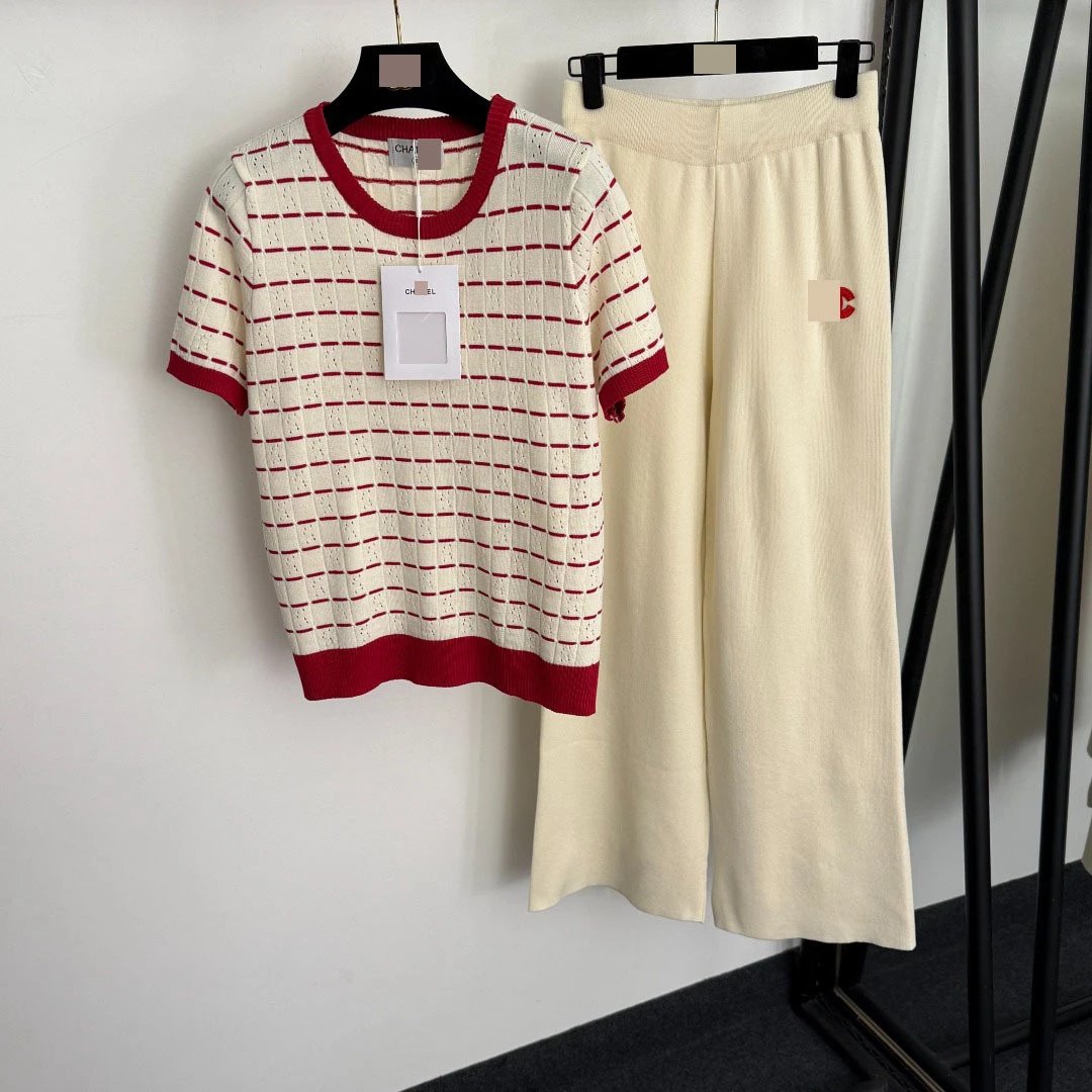 Chanel Knit Top and Wide-Leg Pants Set Beige with Red Grid Pattern Clothing Set - 6
