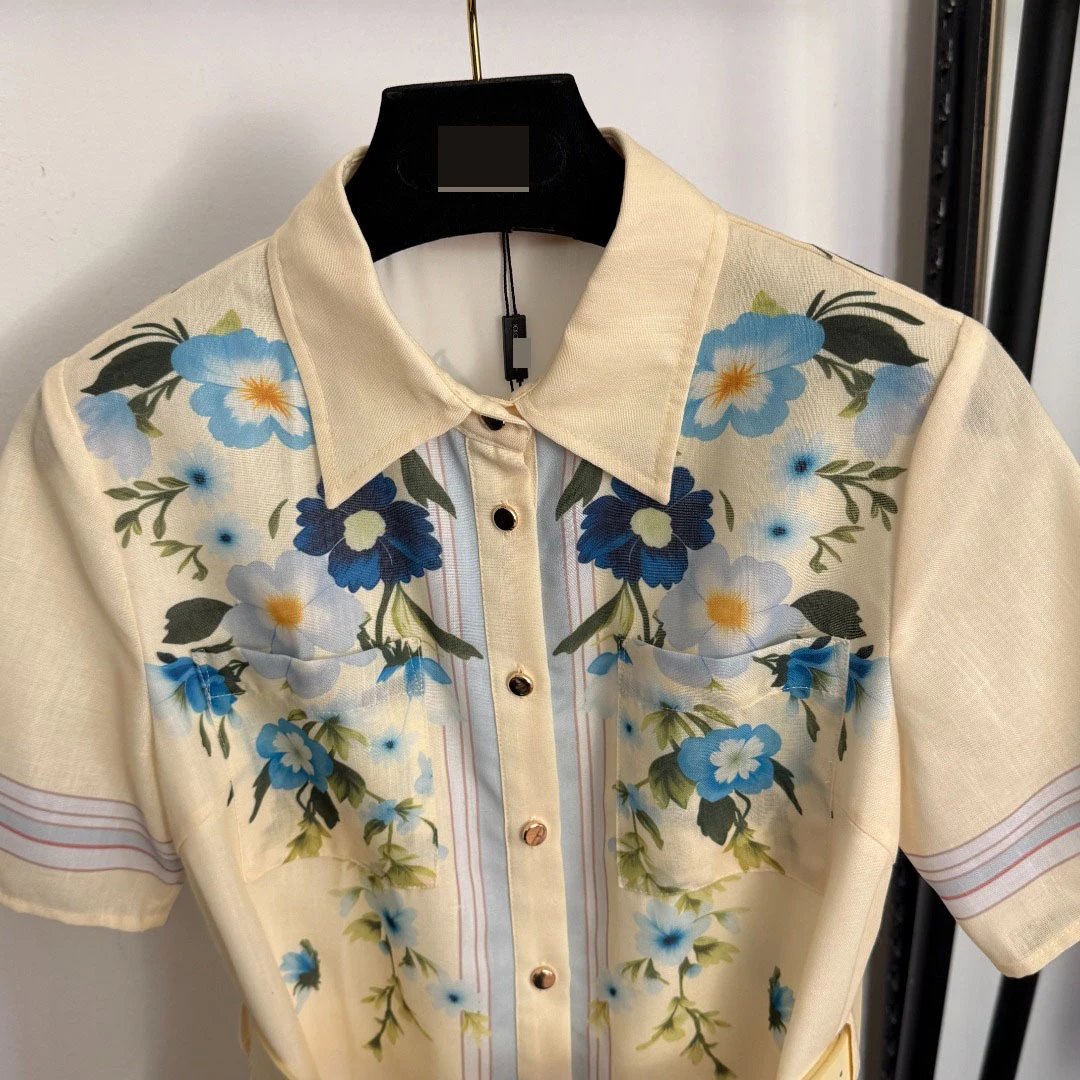 Saint Tears Floral Print Shirt Dress in Beige with Blue Accents - 6