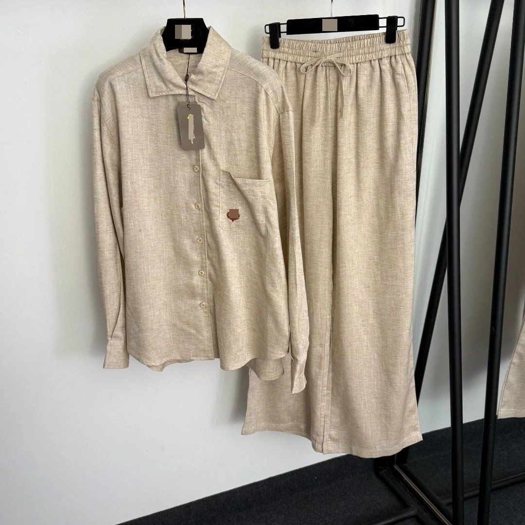 Design Linen-Blend Shirt and Wide-Leg Pants Set Beige Casual Set - 4