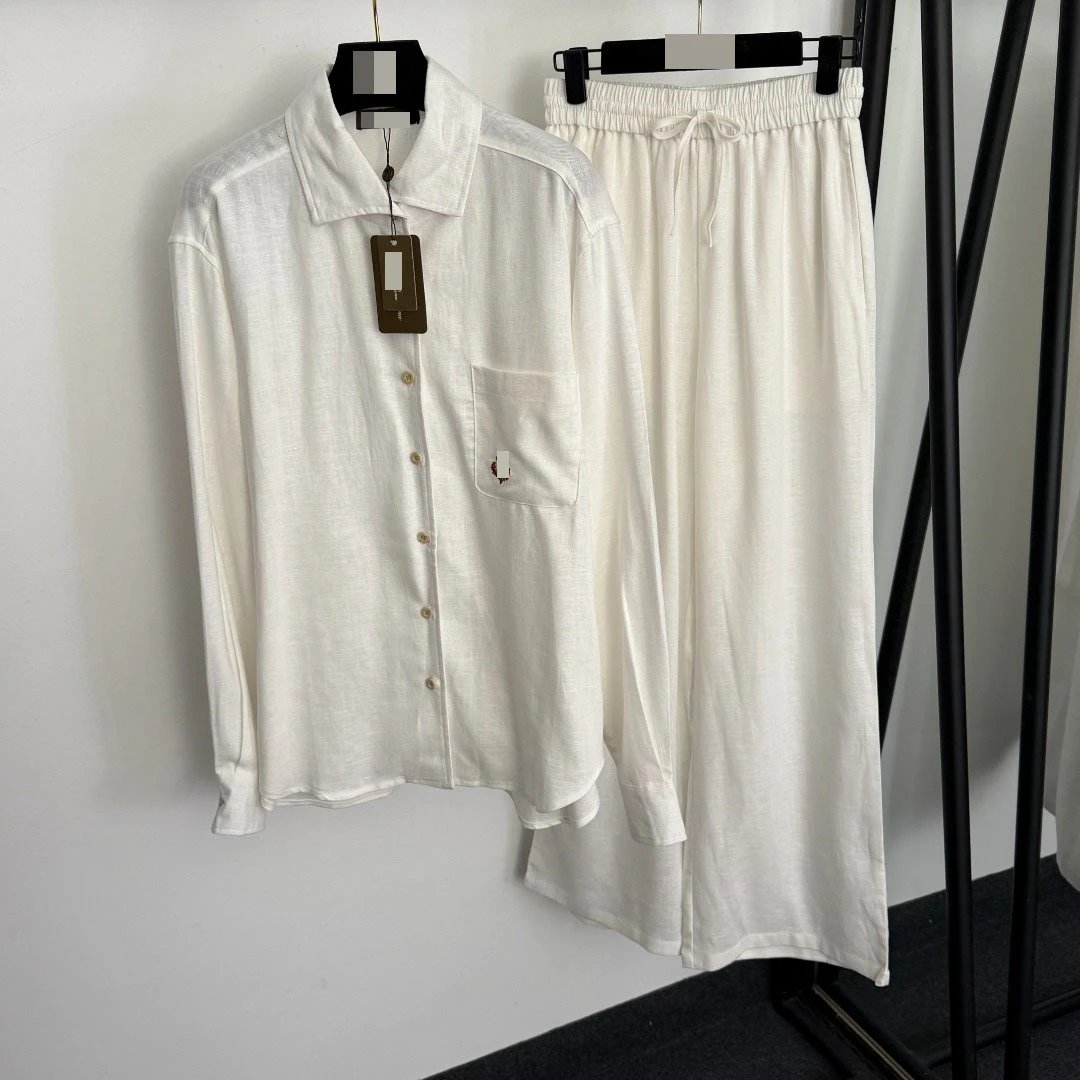 Design Linen-Blend Shirt and Wide-Leg Pants Set Beige Casual Set - 7