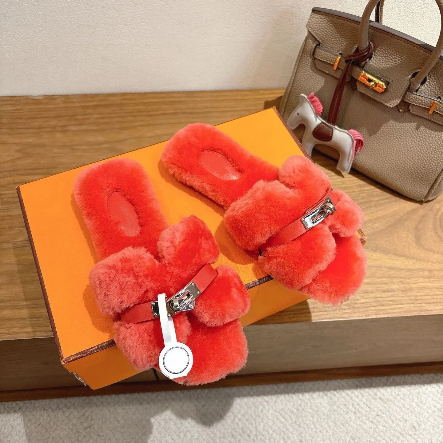Hermès-Inspired Faux Fur Slide Sandals Beige Slippers - 12