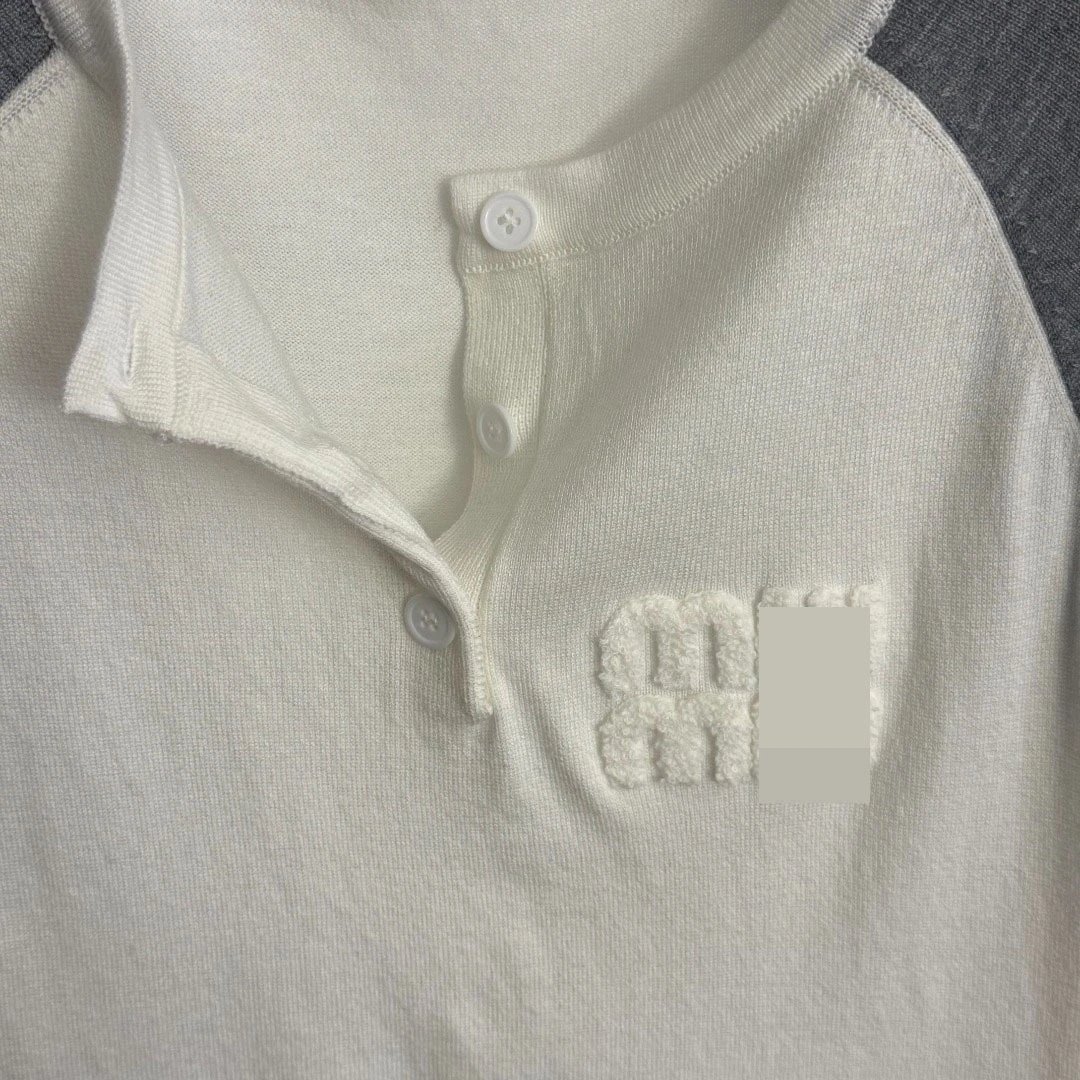 Miu Miu Raglan Sleeve Knit T-Shirt in Off-White and Gray - 9