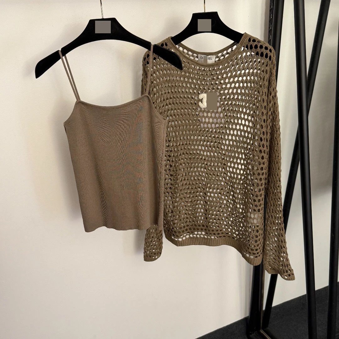 Chanel Crochet Knit Set Beige Sweater and Vest-Top - 4