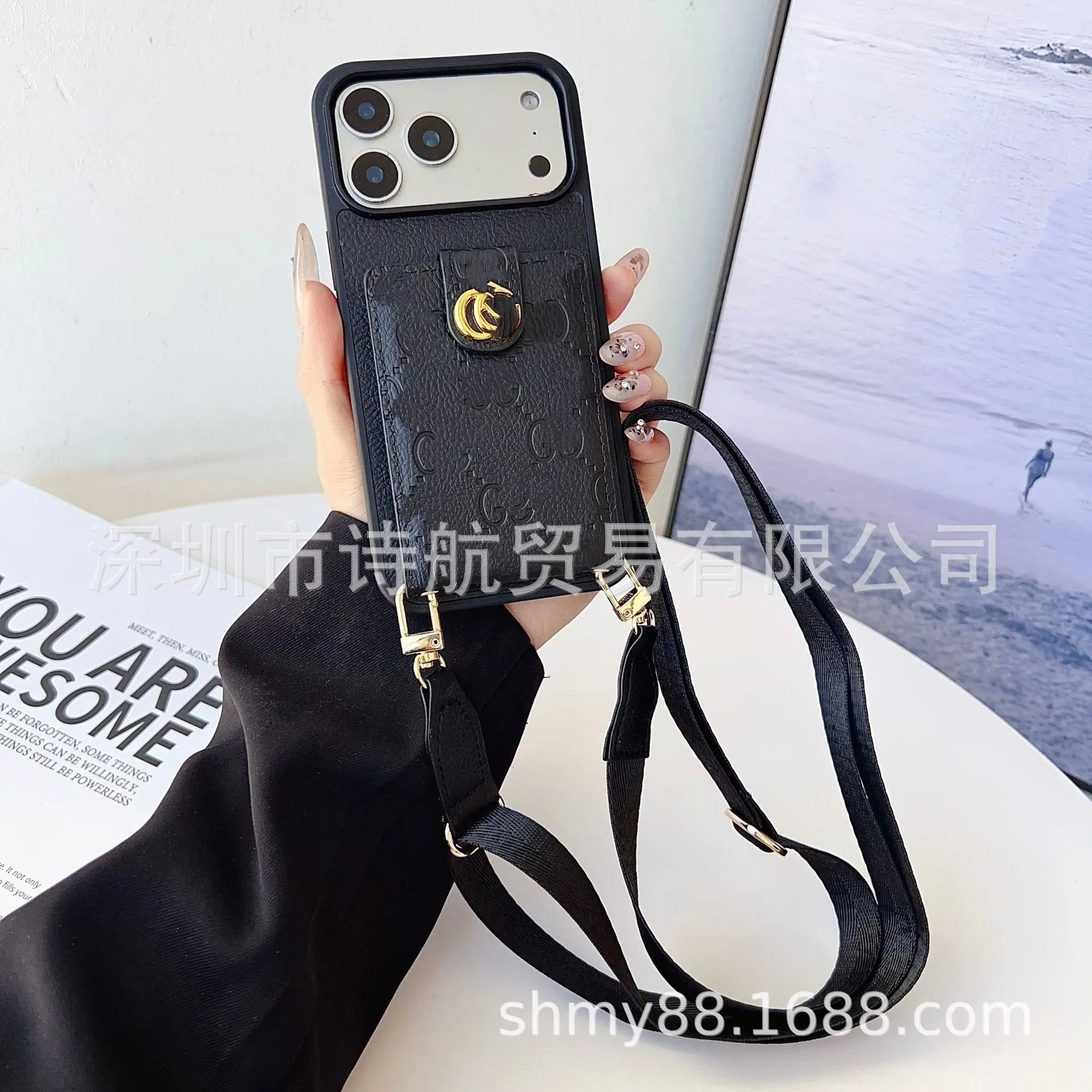 Gucci-inspired Phone Case with Card Holder and Strap in Pink - 8