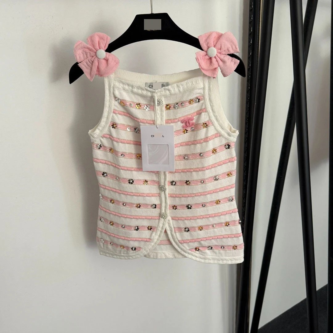 Chanel Striped Embellished Knit Vest Top White/Black - 6