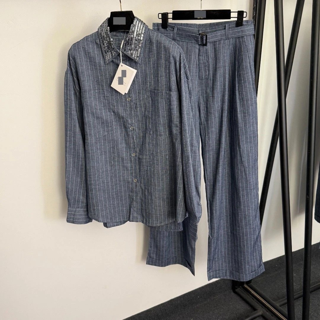Off-White Sequin Collar Pinstripe Shirt and Trousers Set Gray - 4