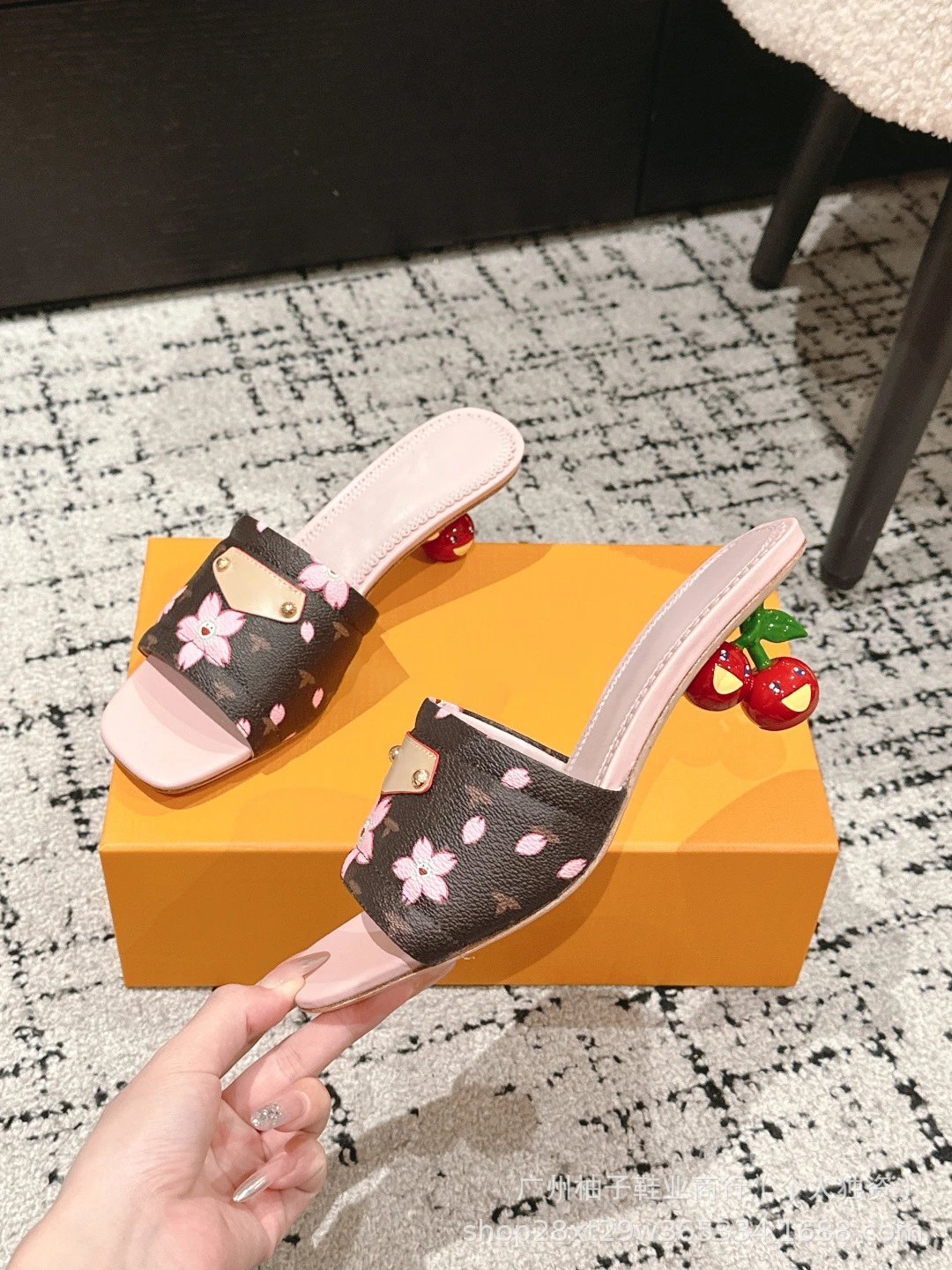 Cherry Blossom Print Mule Sandals with Fruit Heel Pink Slippers - 5