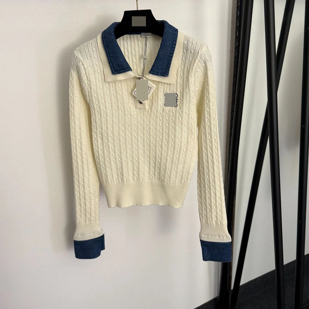 Loewe Cable Knit Denim Collar Polo Sweater in Cream and Navy - 6