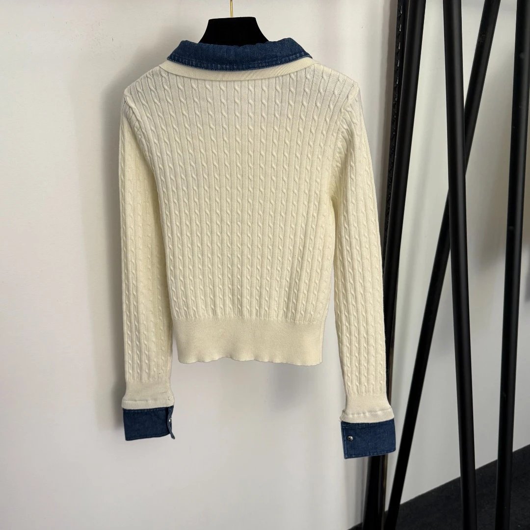 Loewe Cable Knit Denim Collar Polo Sweater in Cream and Navy - 7