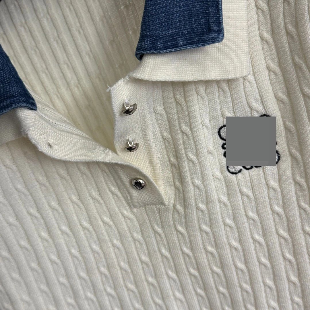 Loewe Cable Knit Denim Collar Polo Sweater in Cream and Navy - 11