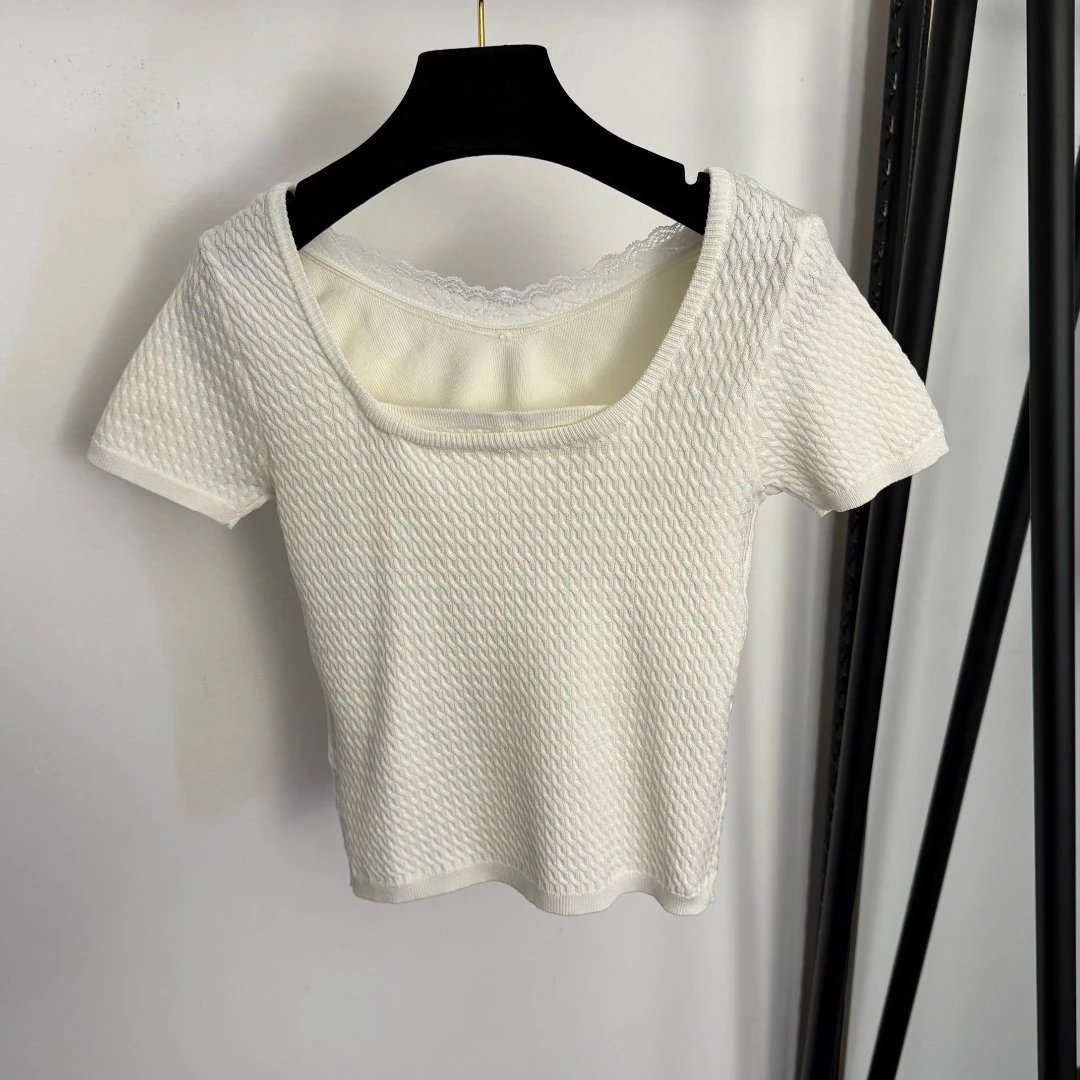 CH/ - Lace Trim Knit Crop Top White - 8