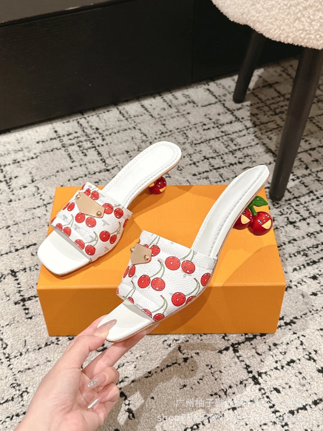 Cherry Blossom Print Mule Sandals with Fruit Heel Pink Slippers - 26