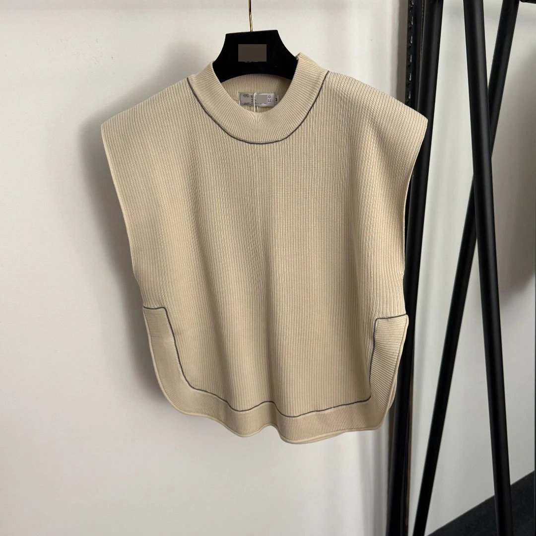 Design Ribbed Knit Two-Piece Set Beige Vest Top and Wide-Leg Pants - 8