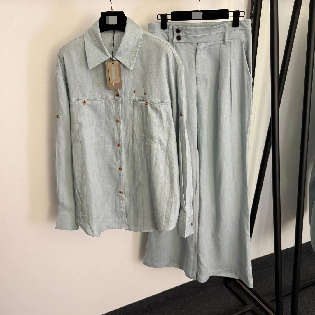 Design Linen-Blend Shirt and Wide-Leg Pants Set in Pale Blue - 4