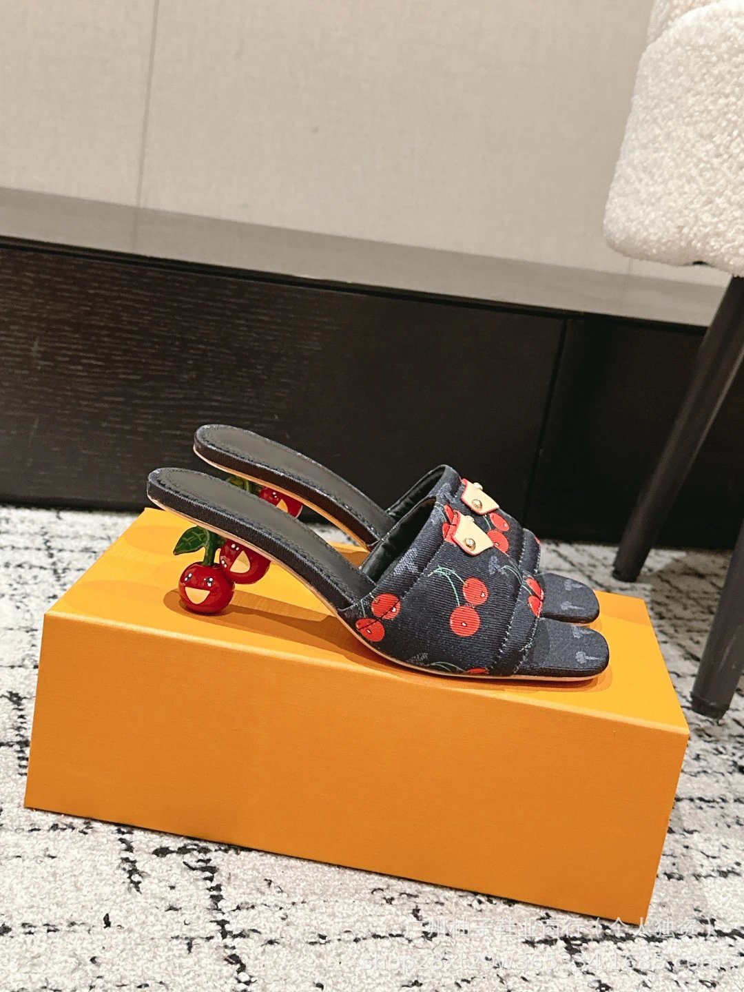 Cherry Blossom Print Mule Sandals with Fruit Heel Pink Slippers - 24