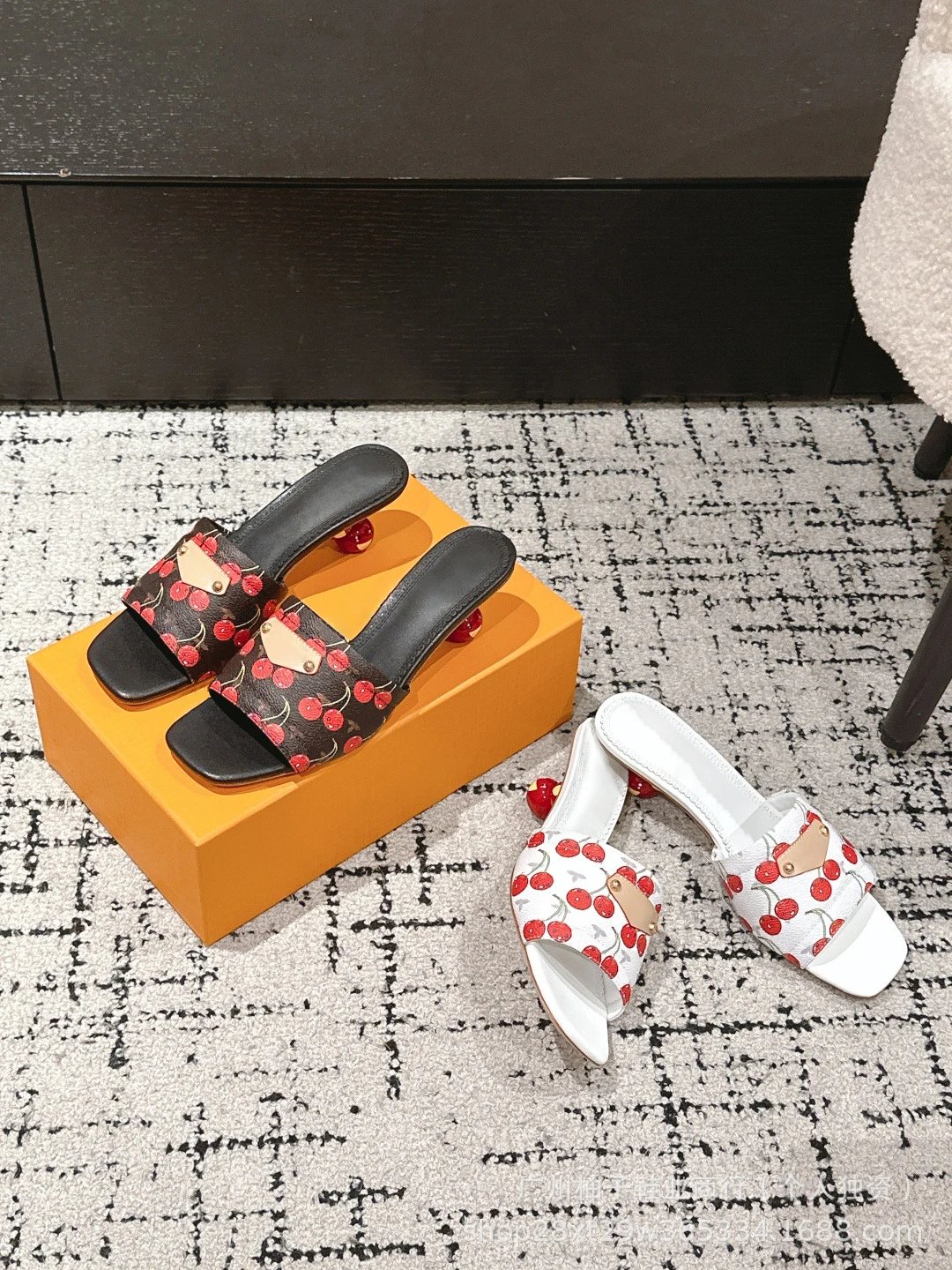 Cherry Blossom Print Mule Sandals with Fruit Heel Pink Slippers - 25