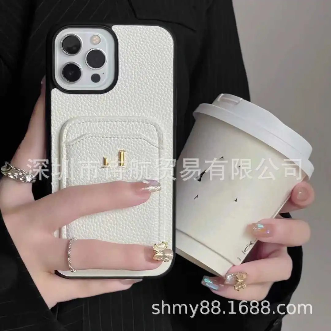 Beige Leather Cardholder Phone Case with Gold Logo - 3