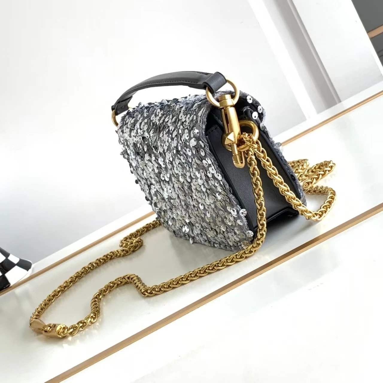Valentino Garavani VLogo Mini Chain Bag Black Sequin Shoulder Bag - 5