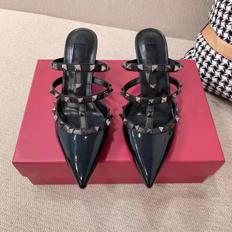 Valentino Rockstud Strappy Pointed-Toe Mules Black