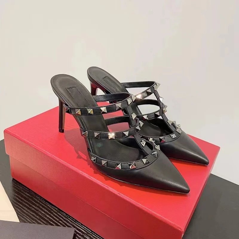 Valentino Rockstud Strappy Pointed-Toe Mules Black Heels