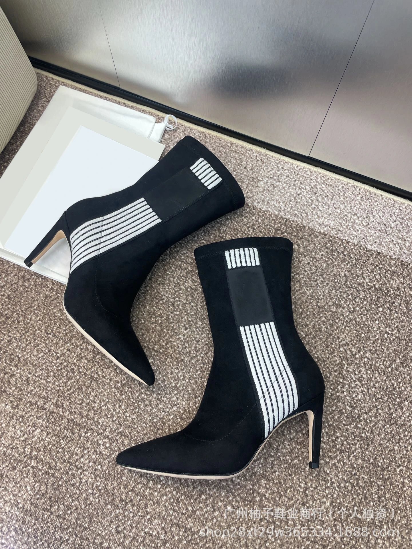 Balenciaga Knife Boots Black with White Stripe Detail Ankle Boots - 4