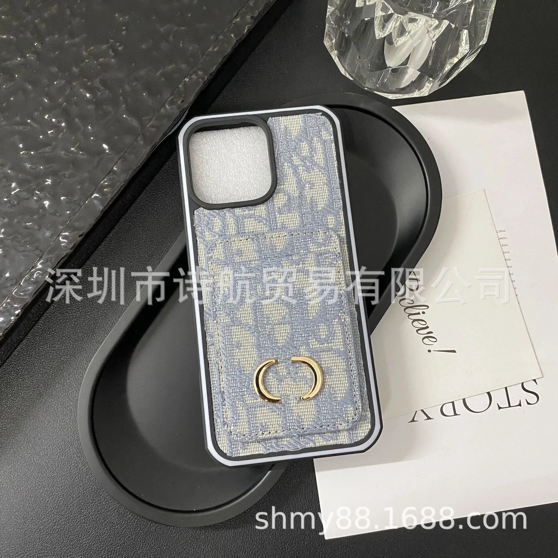 Dior Oblique Print Phone Case with Gold Ring Holder Black/Beige Phone-Case - 3