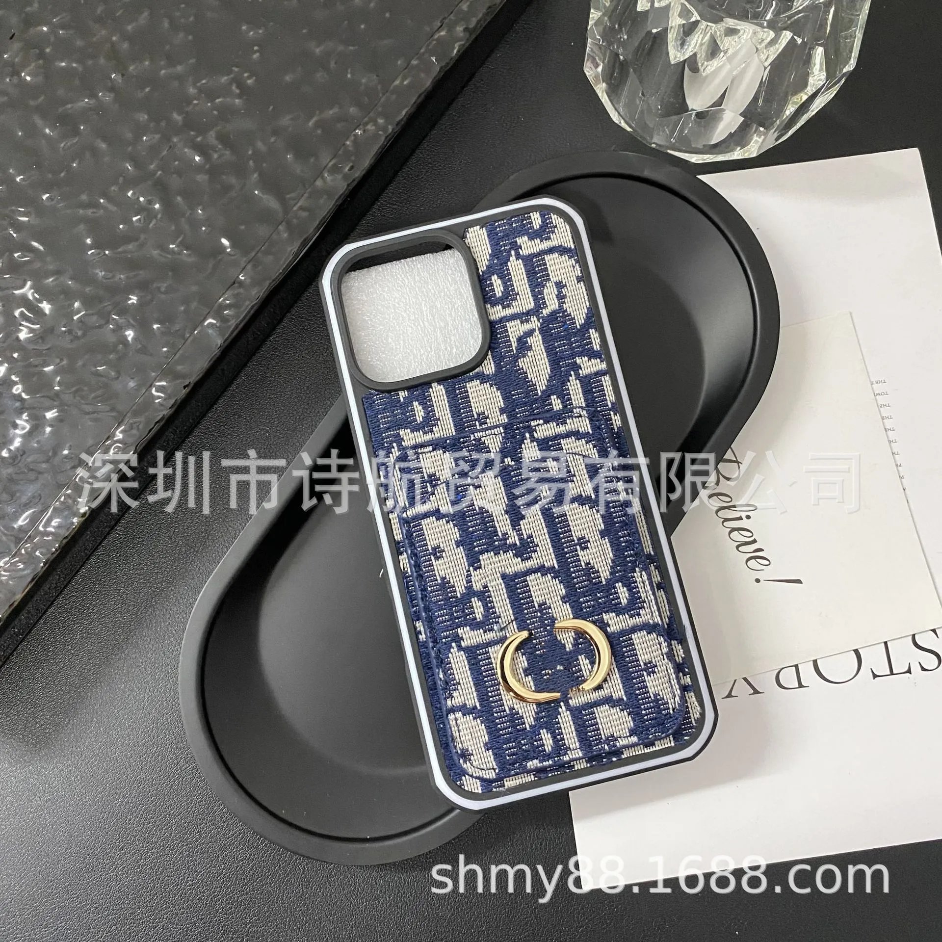 Dior Oblique Print Phone Case with Gold Ring Holder Black/Beige Phone-Case - 4