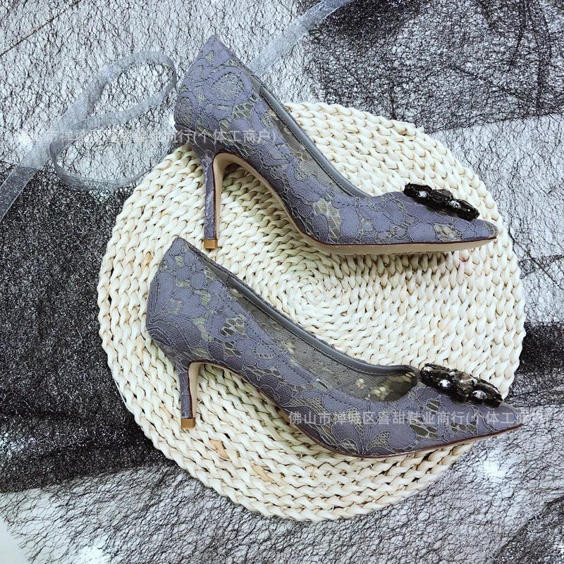 Lace Embroidered Stiletto Heels in Gray with Crystal Buckle - 28