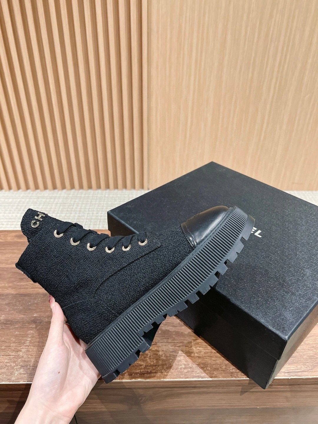 Chanel Tweed Lace-Up Combat Boots Navy - 10