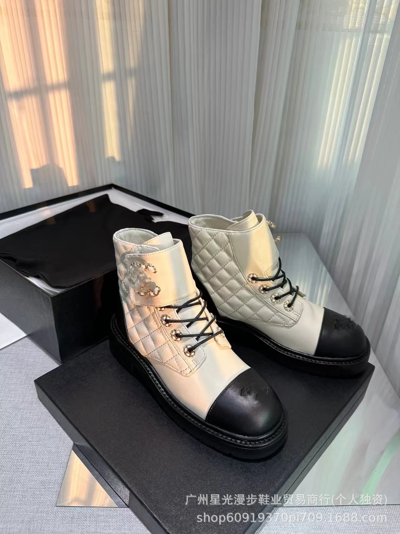 Chanel Combat Boots Black Leather Platform Lace-Up Boots - 10