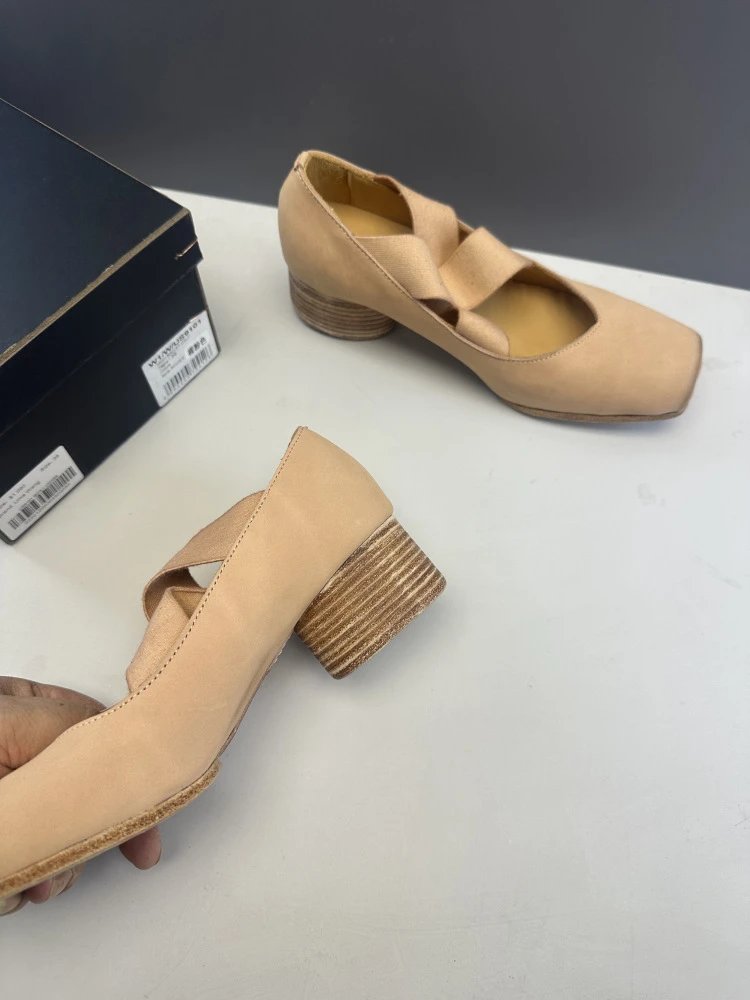 UMA WANG Square-Toe Mary Jane Heels Beige Leather Shoes - 6