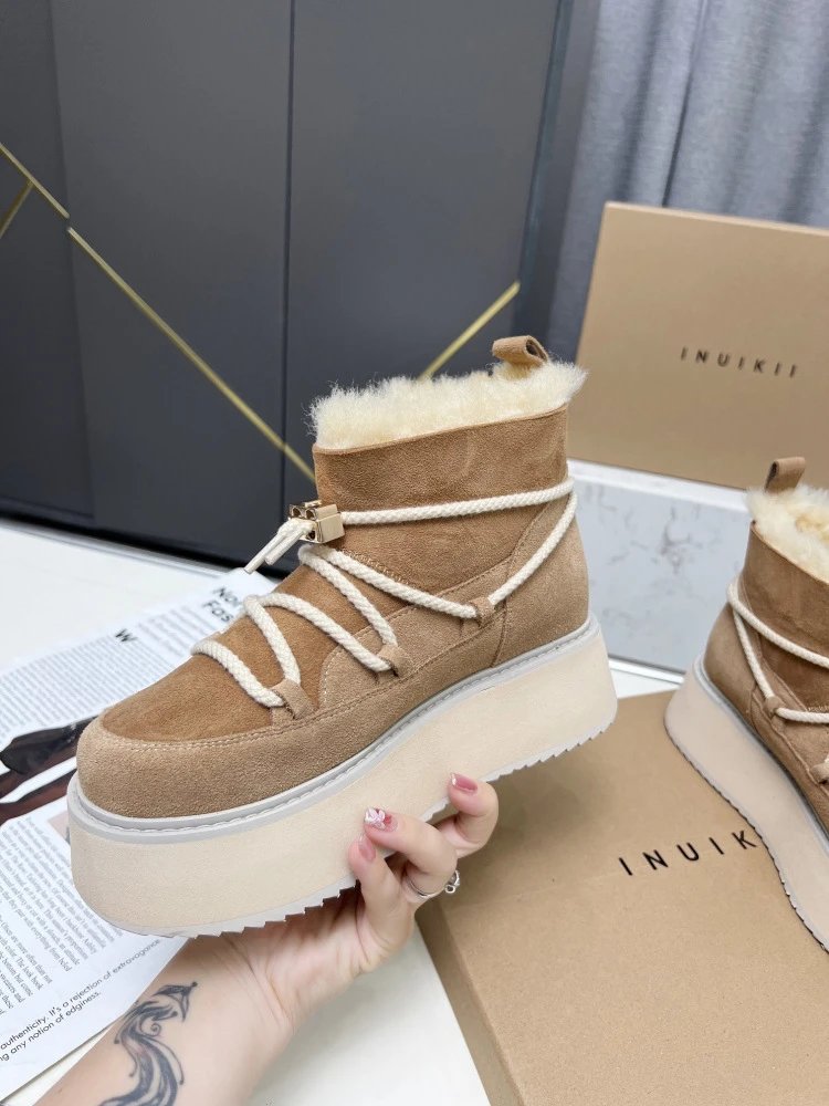 INU IKII Platform Shearling-Lined Ankle Boots Beige - 6