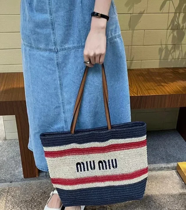 Miu Handbags Woven Striped Tote Bag product detail image 7
