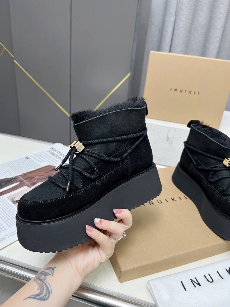 INU IKII Platform Shearling-Lined Ankle Boots Beige - 16