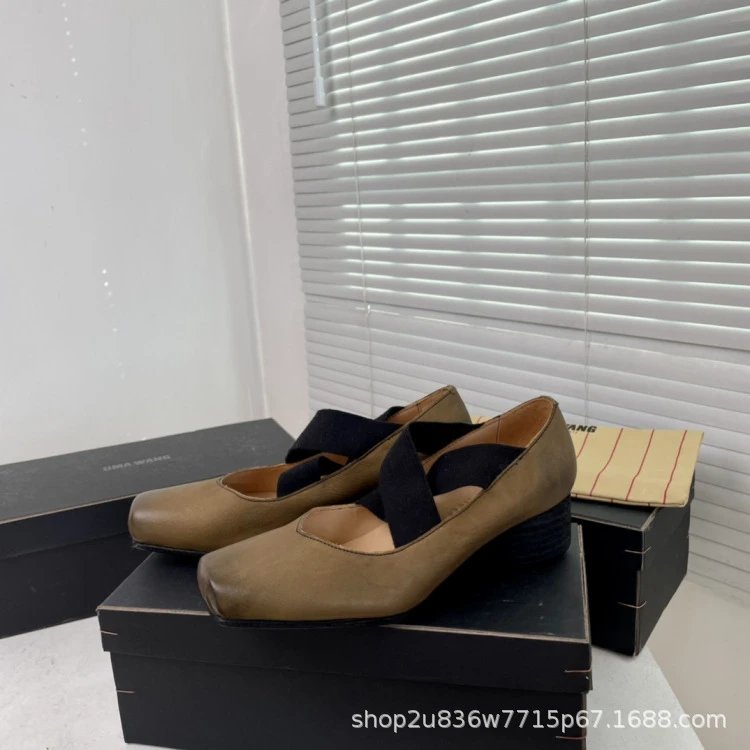 UMA WANG Square-Toe Mary Jane Heels Beige Leather Shoes - 35