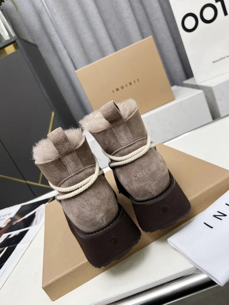 INU IKII Platform Shearling-Lined Ankle Boots Beige - 25