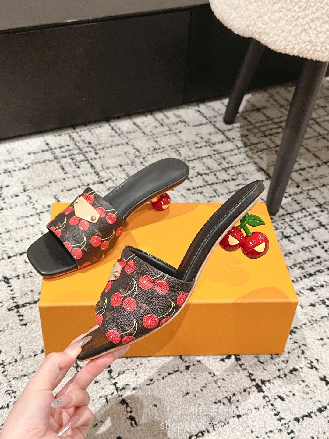 Cherry Blossom Print Mule Sandals with Fruit Heel Pink Slippers - 28