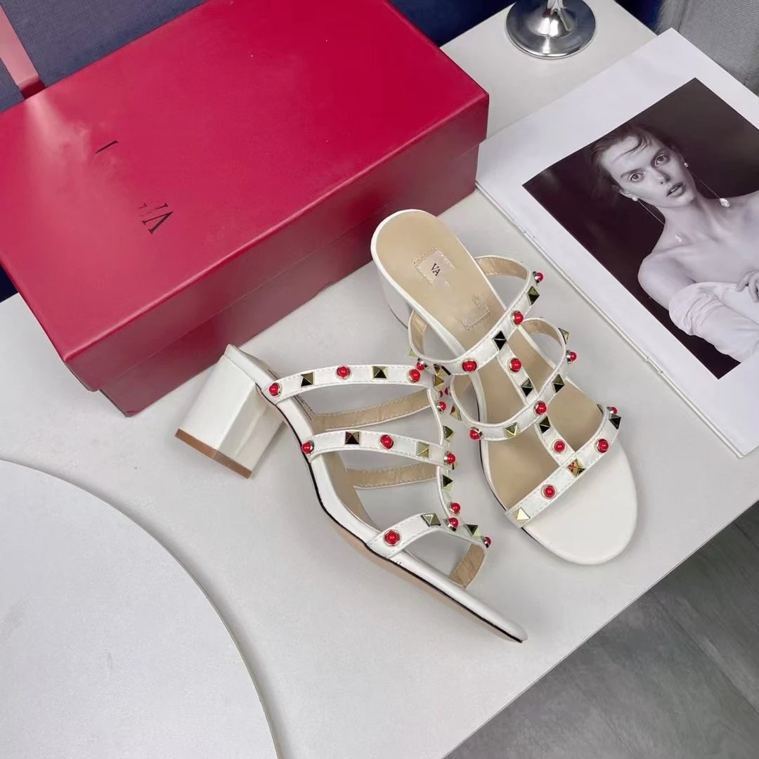 Valentino Garavani Rockstud Strappy Slide Sandals Beige Sandals - 7