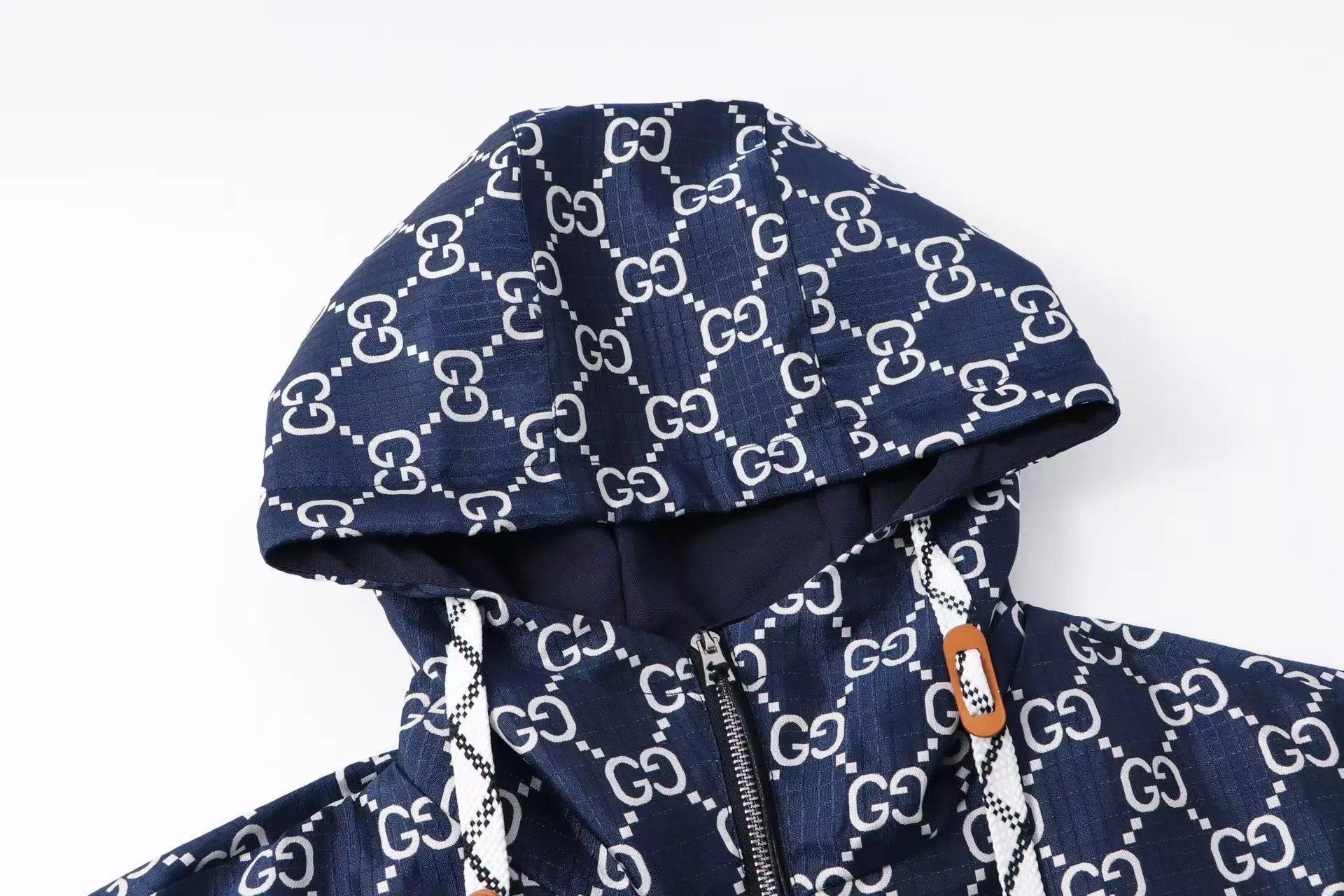 Gucci GG Monogram Windbreaker Navy Blue Red Stripe Jacket - 4