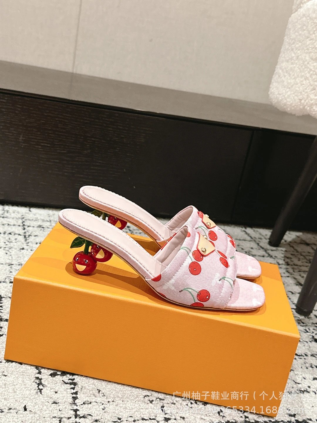 Cherry Blossom Print Mule Sandals with Fruit Heel Pink Slippers - 22