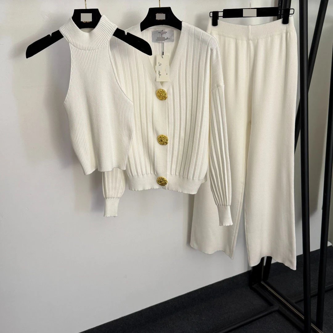 Lo Studio Ribbed Knit Set White Cardigan Vest Pants - 7