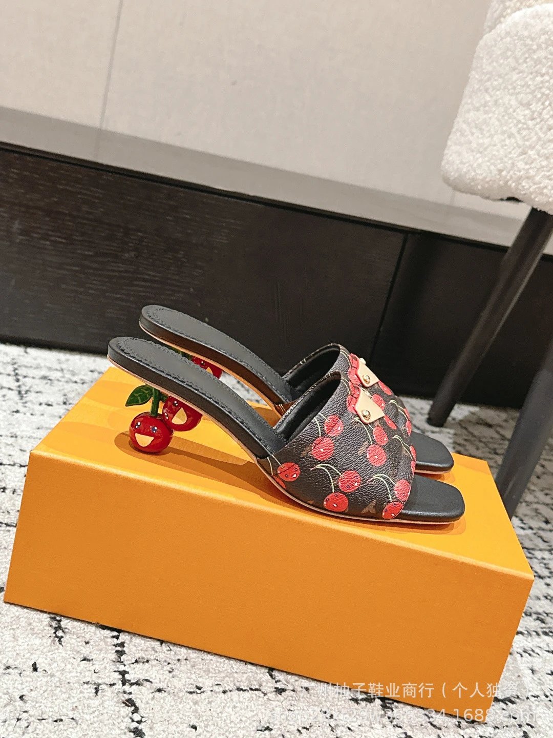 Cherry Blossom Print Mule Sandals with Fruit Heel Pink Slippers - 29