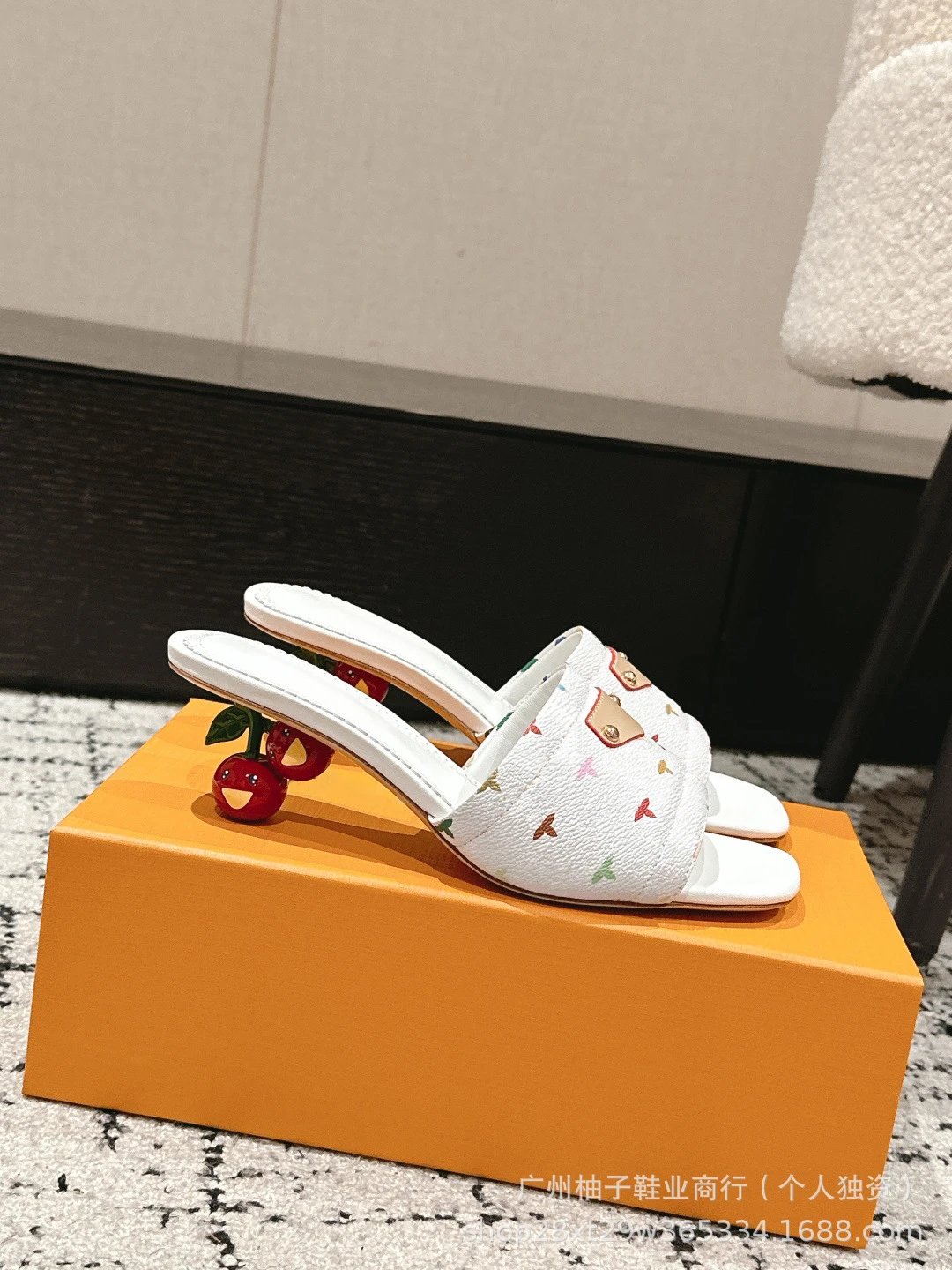 Cherry Blossom Print Mule Sandals with Fruit Heel Pink Slippers - 34