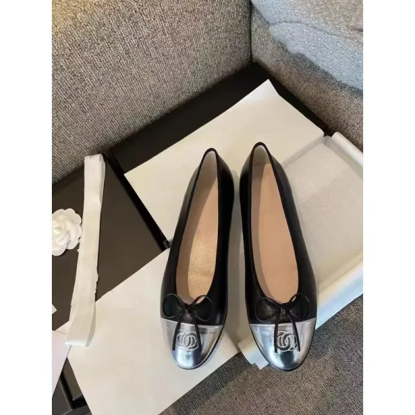 Chanel Ballerina Flats Black and Silver Leather with Bow Detail - 1