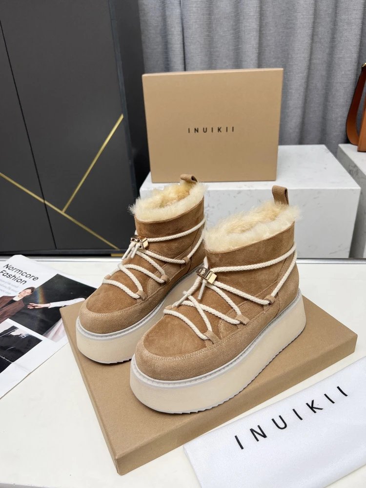 INU IKII Platform Shearling-Lined Ankle Boots Beige - 3