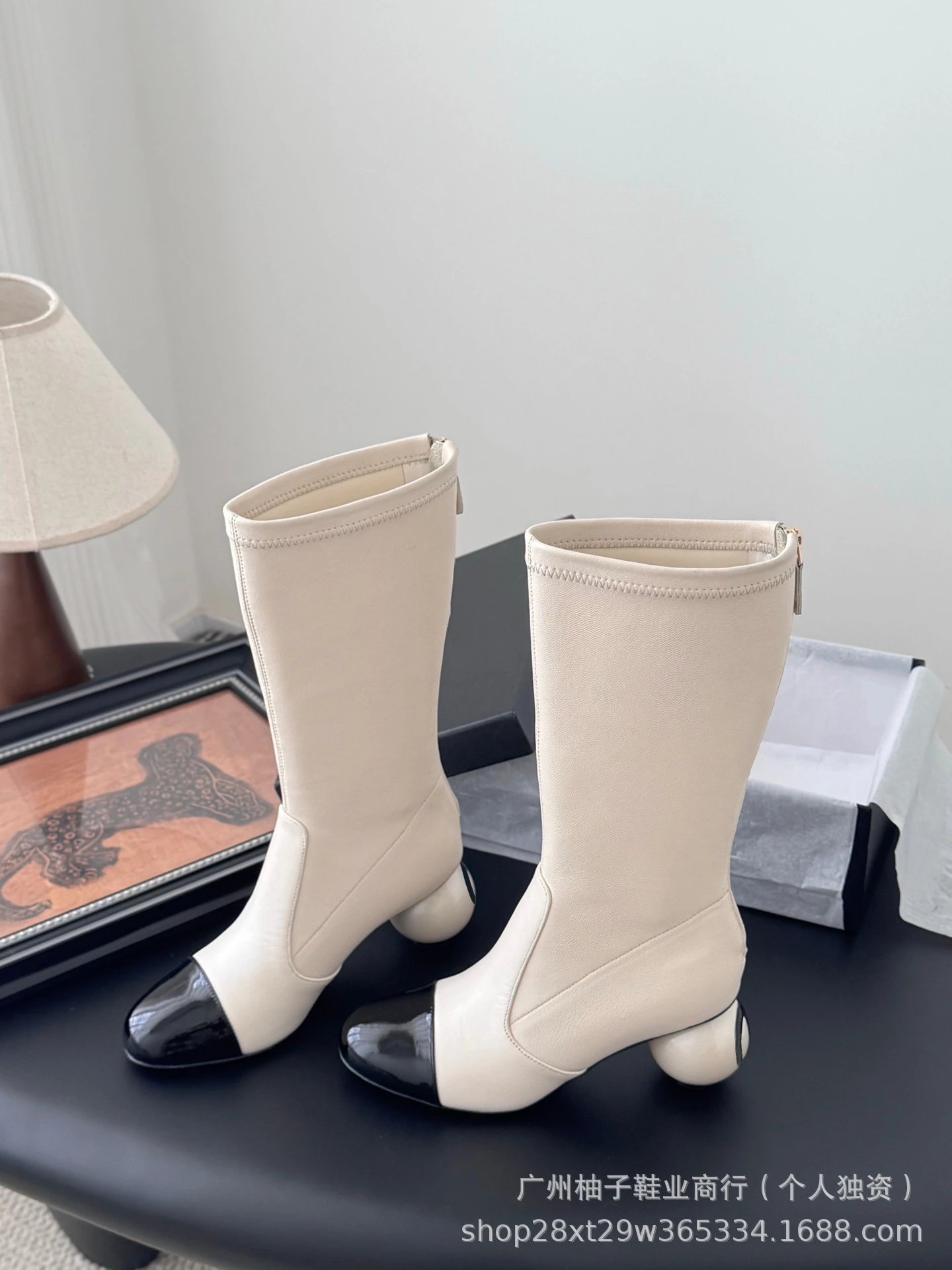 Chanel-Inspired Pearl Heel Ankle Boots White with Black Cap Toe - 11