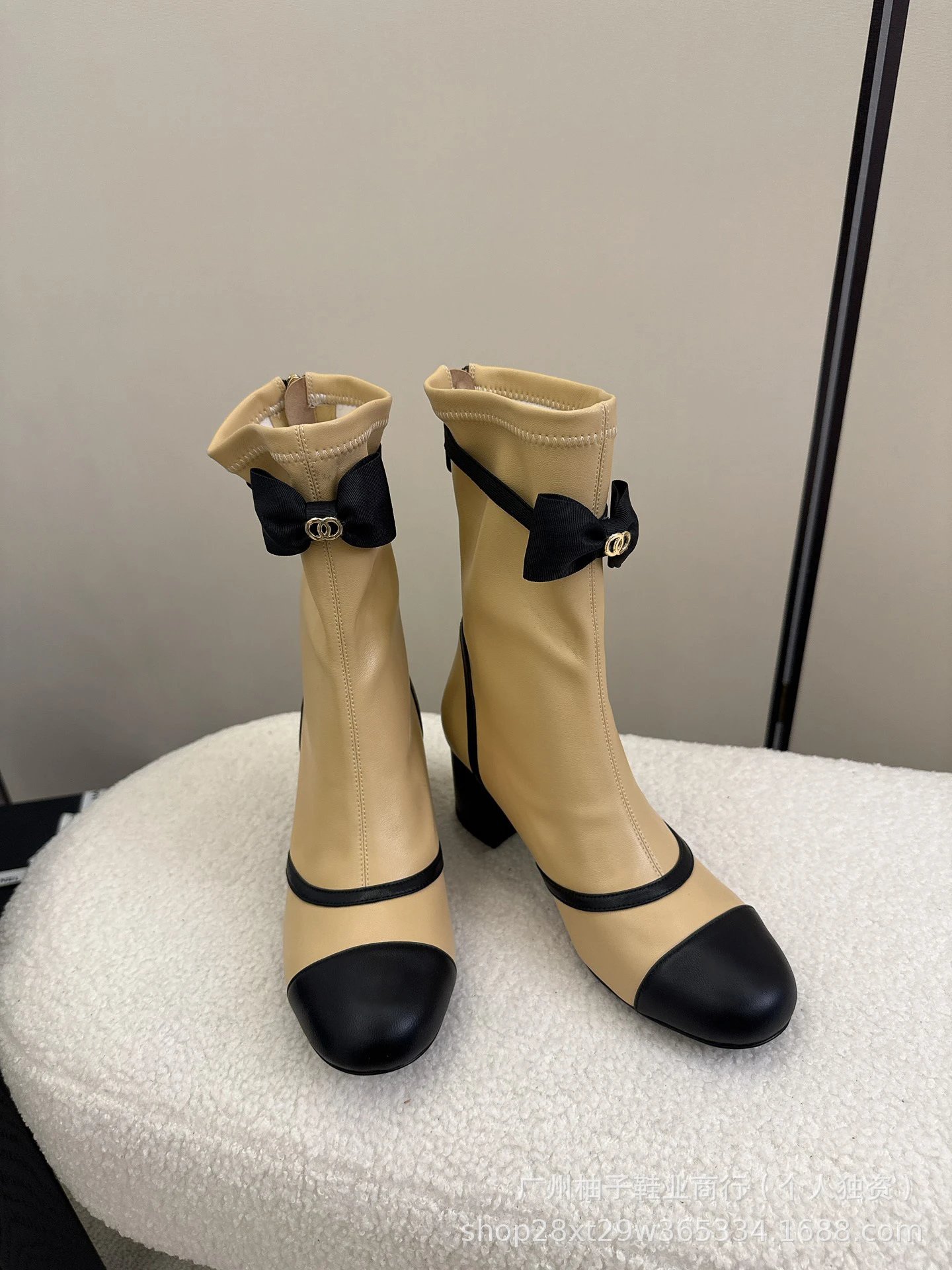 Chanel-inspired Bow Detail Beige and Black Cap-Toe Ankle Boots