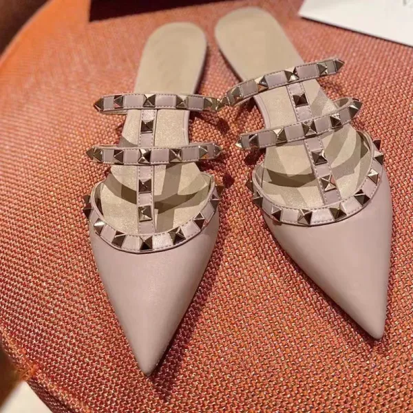 Valentino Garavani Rockstud Flat Mules Beige Leather Shoes - 1